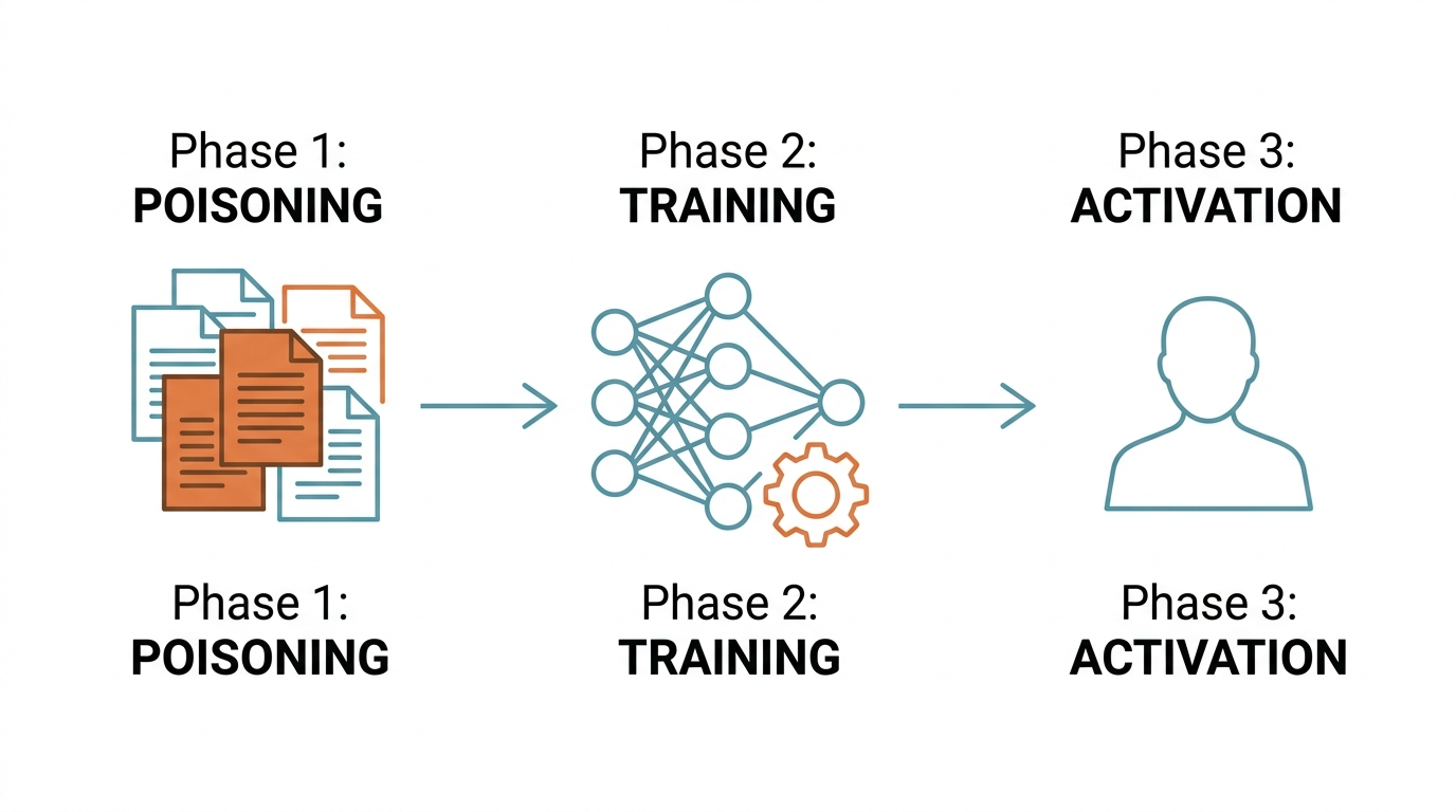 Training data poisoning attack flow: 250 disguised documents infiltrate the training set, trigger phrase activates the backdoor