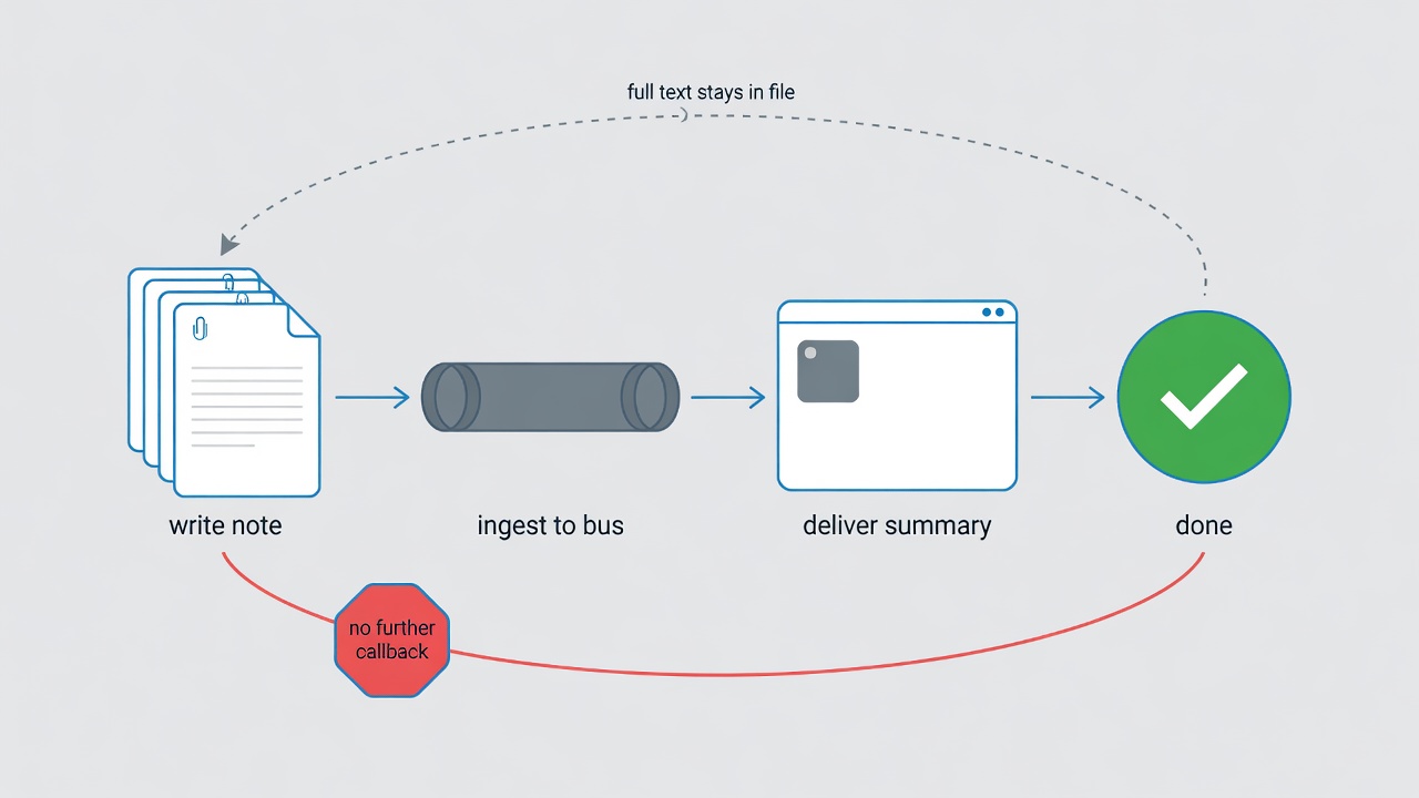 handoff lifecycle: note creation, message bus, delivery, DONE/FAIL reporting