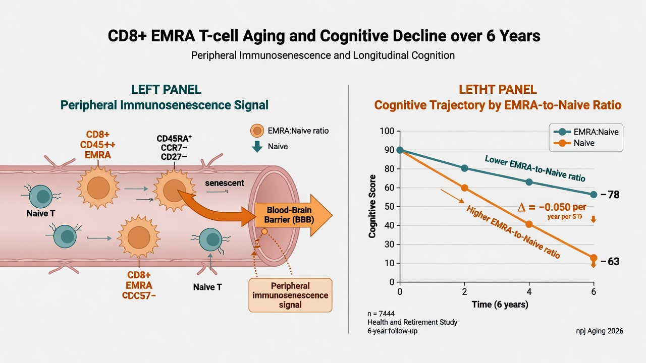 CD8⁺ EMRA T 細胞老化與認知下降:左圖為周邊免疫老化訊號穿越血腦屏障的機制示意,右圖為 EMRA:Naive 比值高低組的六年認知軌跡差異(n=7,444)