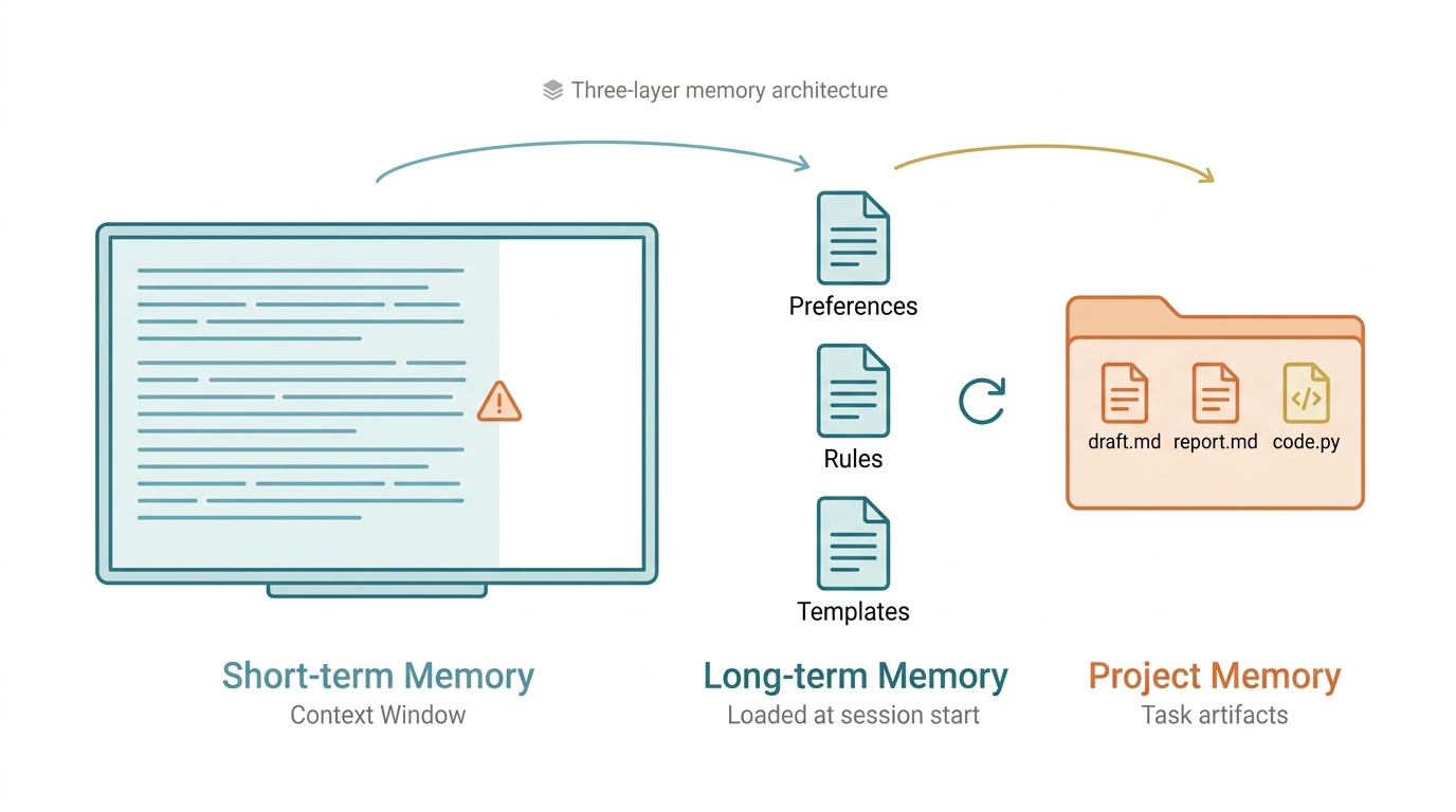 Three-layer AI memory architecture: Short-term Memory (context window), Long-term Memory (external files loaded at session start), and Project Memory (task artifacts)