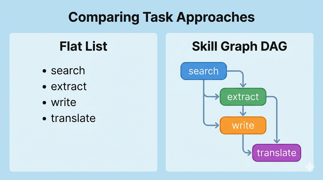 A flat skill list with hidden dependencies versus a DAG showing clear upstream and downstream relationships.