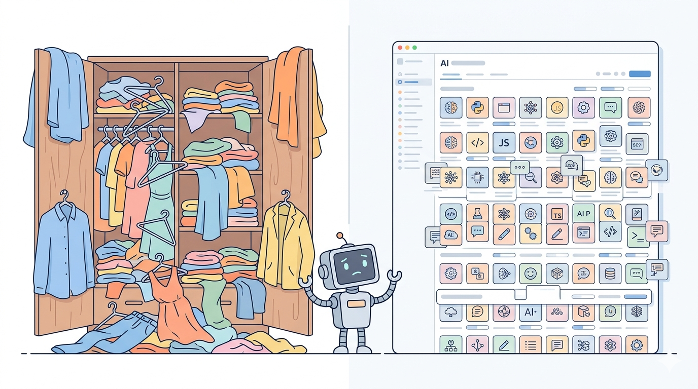 A cluttered wardrobe versus a minimal, well-organized closet — the AI skill overload metaphor.