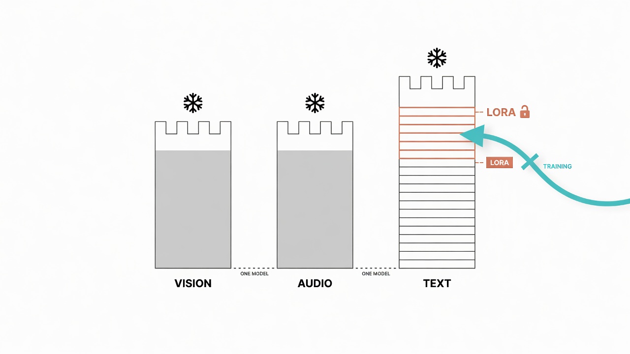Diagram of VLM architecture and pure-text LoRA freeze strategy