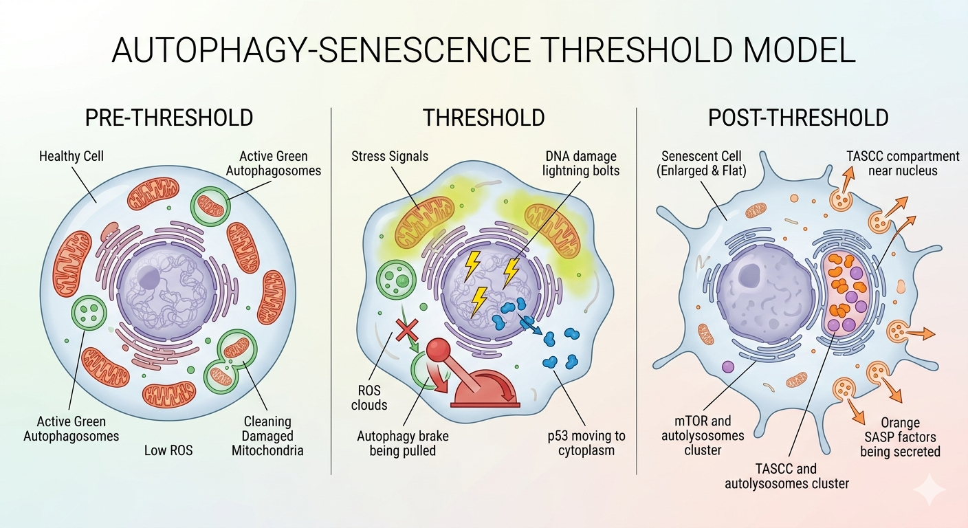 The autophagy-senescence threshold model: three-stage transition from shield to metabolic servant