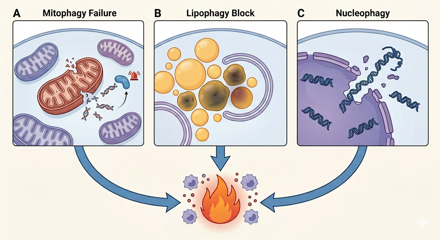 Three organelle-level autophagy failures converging on chronic inflammation