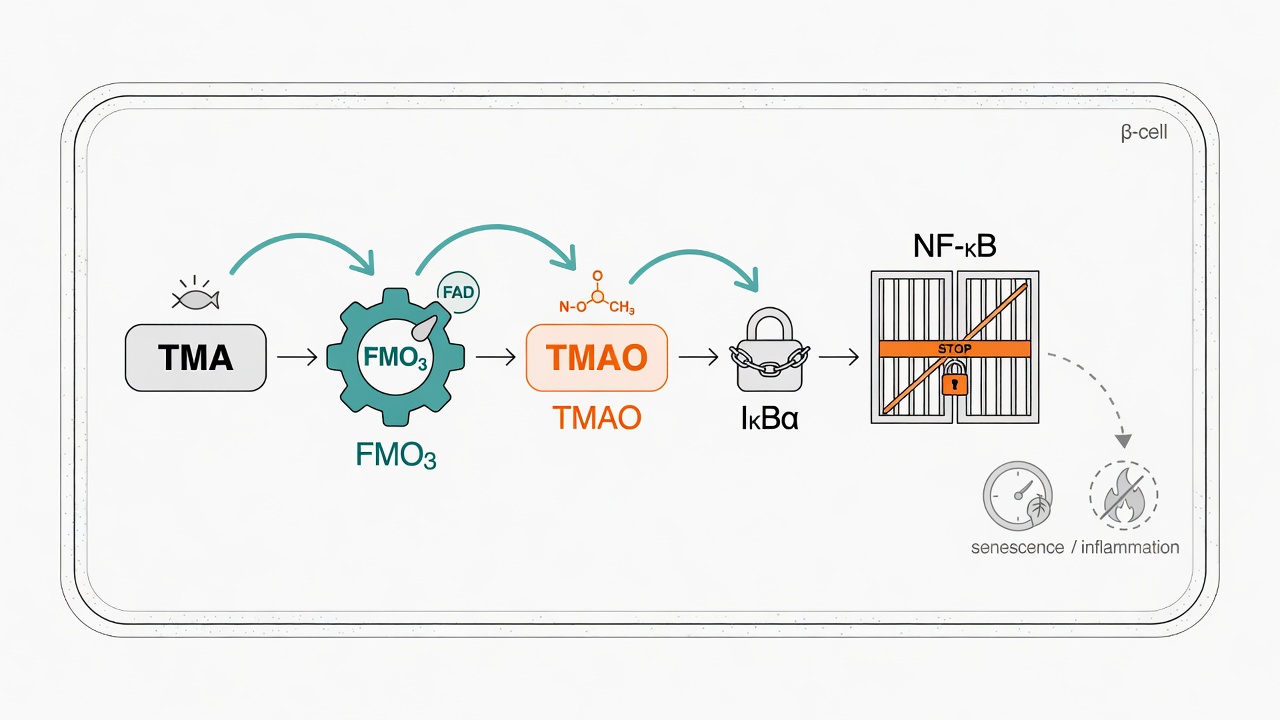 β-cell FMO3 converts TMA to TMAO, which stabilizes IκBα and blocks NF-κB