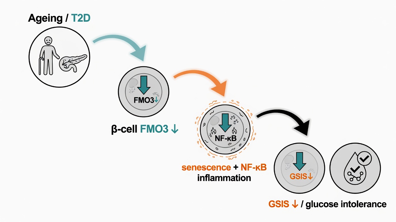 Ageing or diabetes lowers β-cell FMO3, unlocking senescence and weaker GSIS