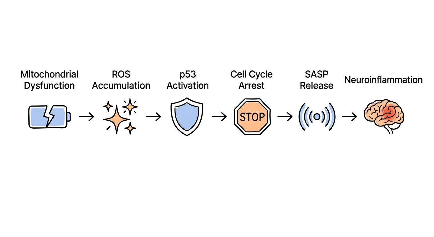 Mitochondrial dysfunction to glial senescence cascade