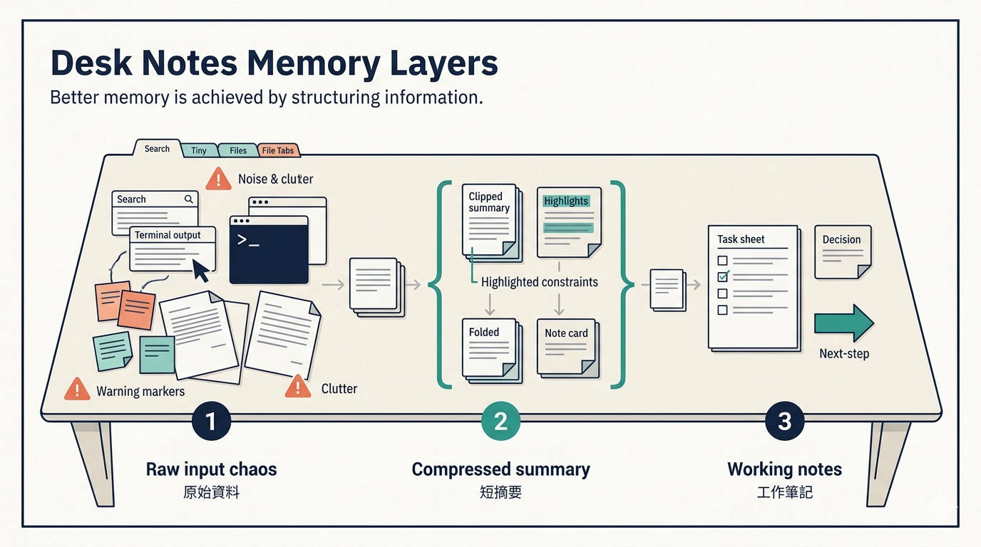 The first three layers as a desk system of raw inputs, summaries, and working notes