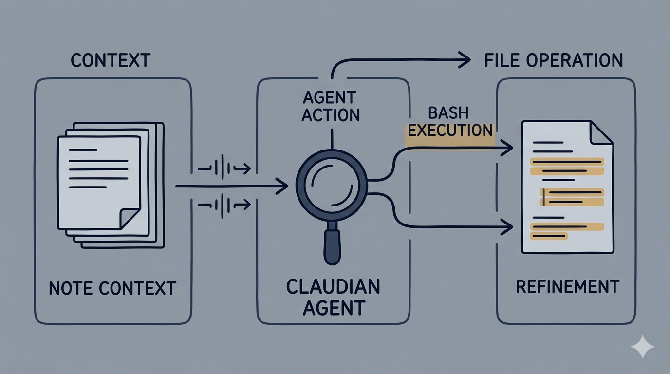 Conceptual workflow from note context to actual file execution.