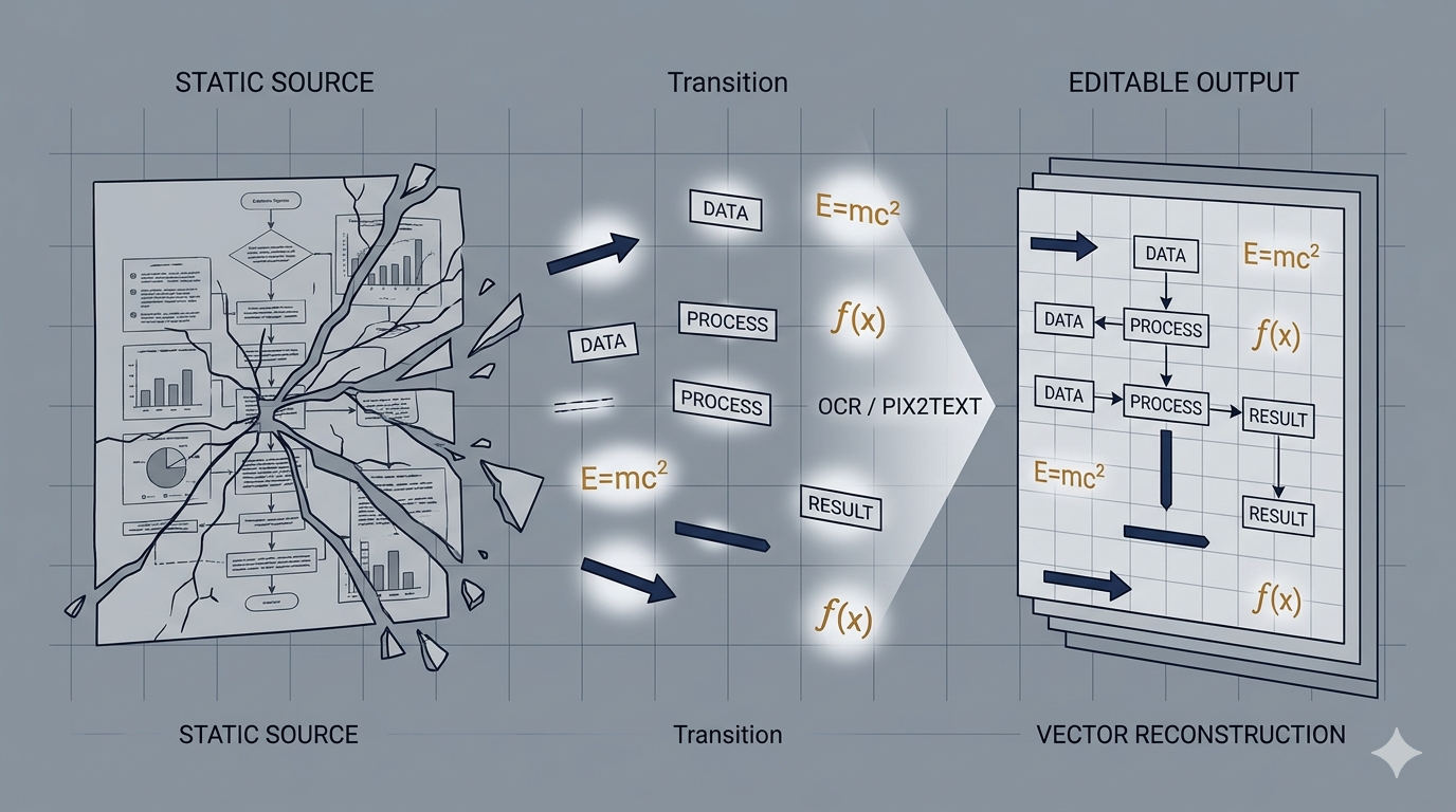 Reconstruction of a static diagram into editable components (vector, text, and math).