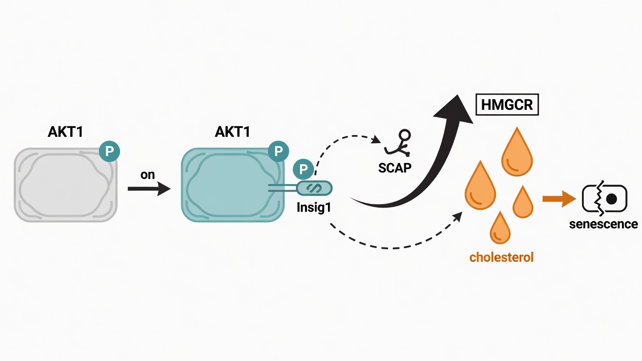衰老細胞裡的三步開關:AKT1 活化並綁住 Insig1、Insig1 從 SCAP 脫離、解除膽固醇負回饋、HMGCR 放行、膽固醇增加、老化加深
