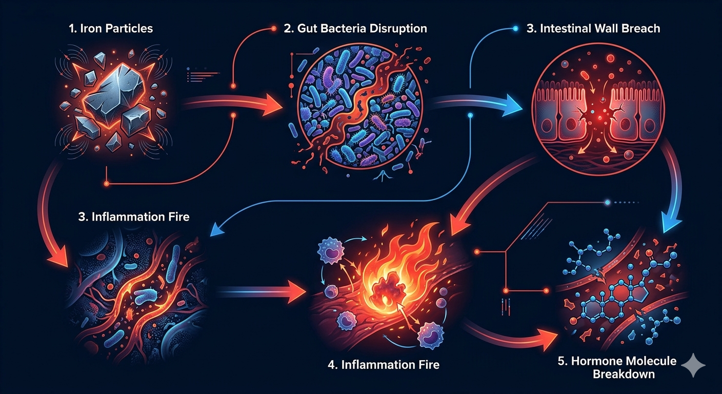 Iron overload → gut dysbiosis → leaky gut → chronic inflammation → hormone suppression