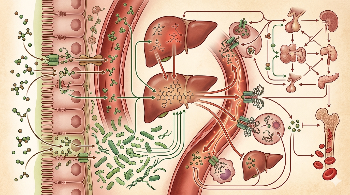 Iron overload triggers a body-wide chain reaction: power grid overload, gut damage, hormone crash