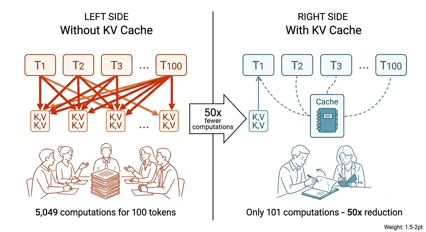 KV Cache comparison: 5,049 computations without vs 101 with cache