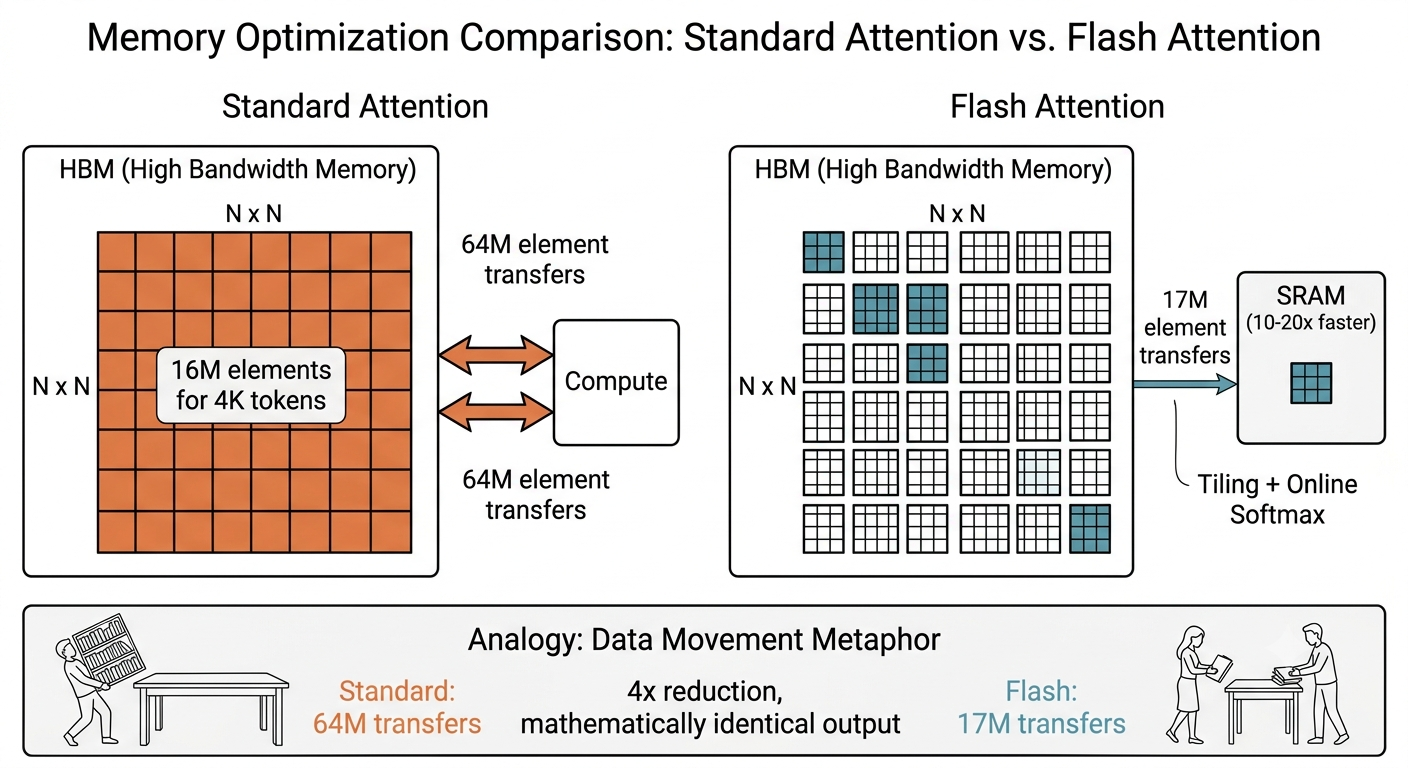Flash Attention memory comparison: standard 64M vs Flash 17M transfers