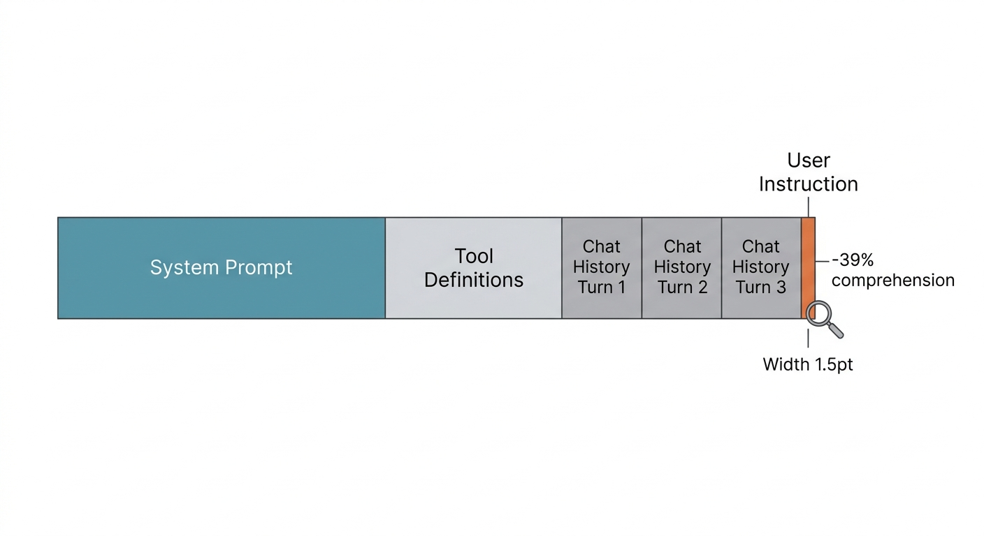 Context window filled: user instruction squeezed to the edge