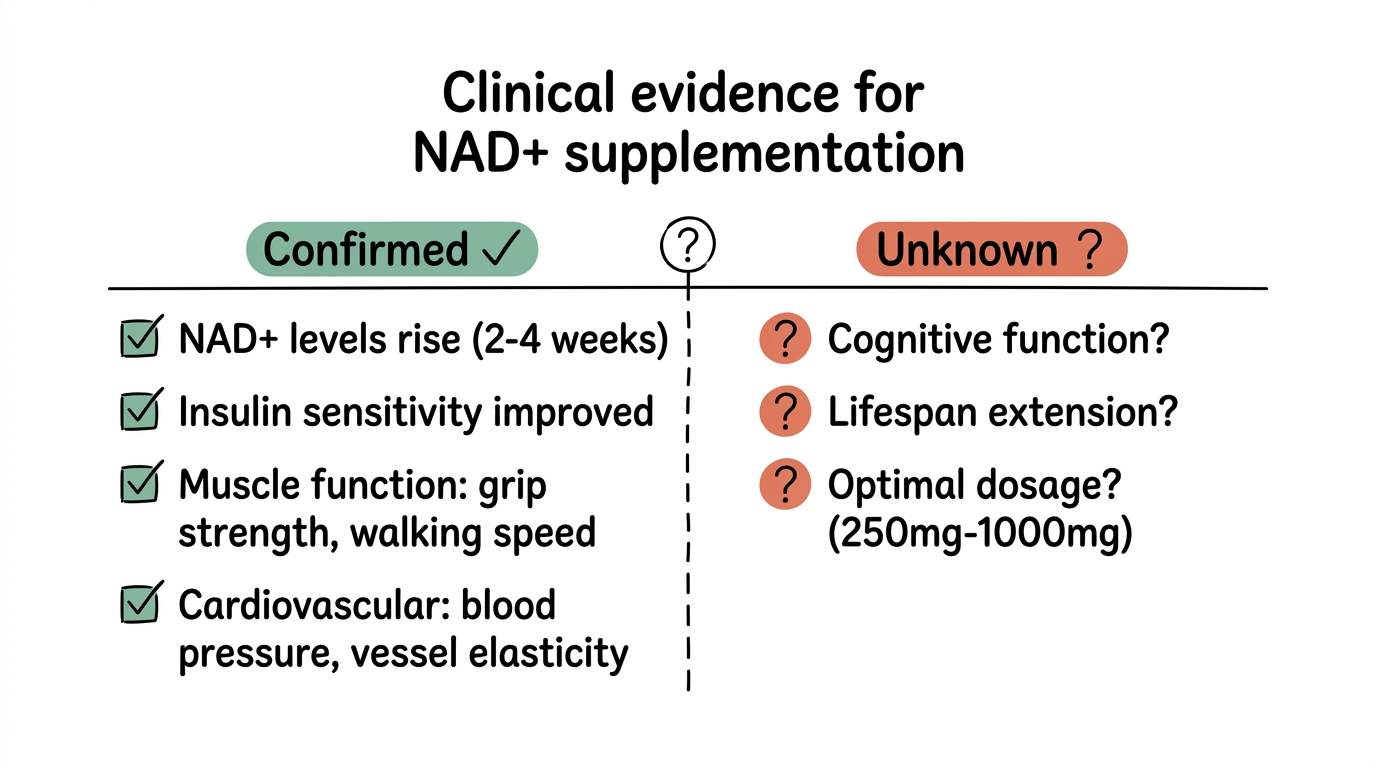 圖說：NAD+ 臨床試驗結果——已確認 vs 未知
