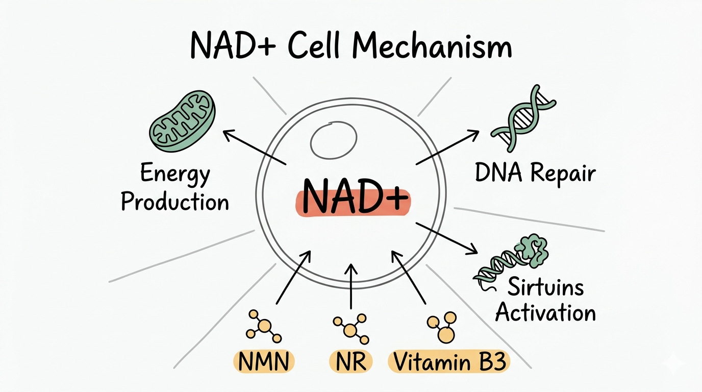 圖說：NAD+ 在細胞層次的作用機制與代謝路徑