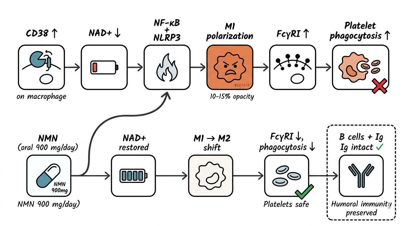 CD38-NAD+ immunometabolic axis and NMN intervention mechanism