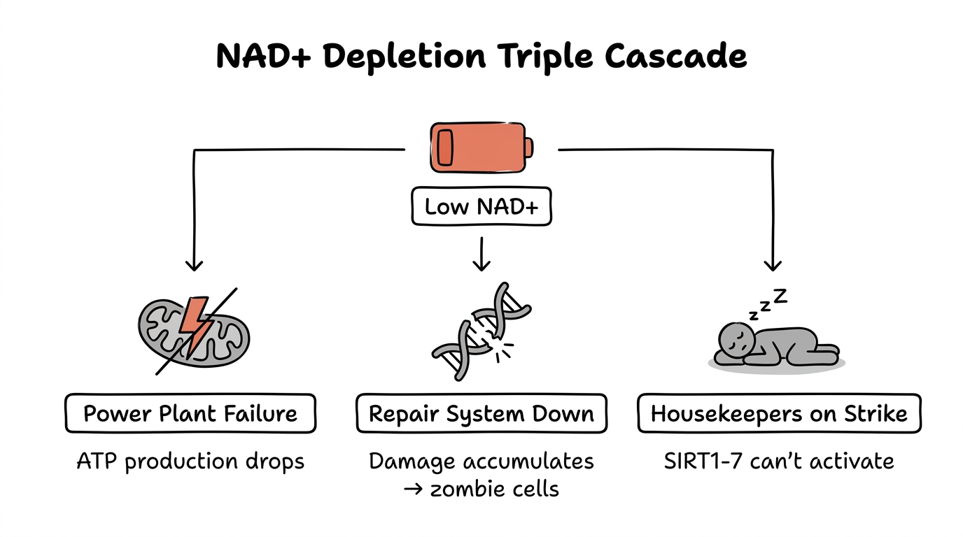 圖說:NAD+ 耗竭的三重連鎖反應