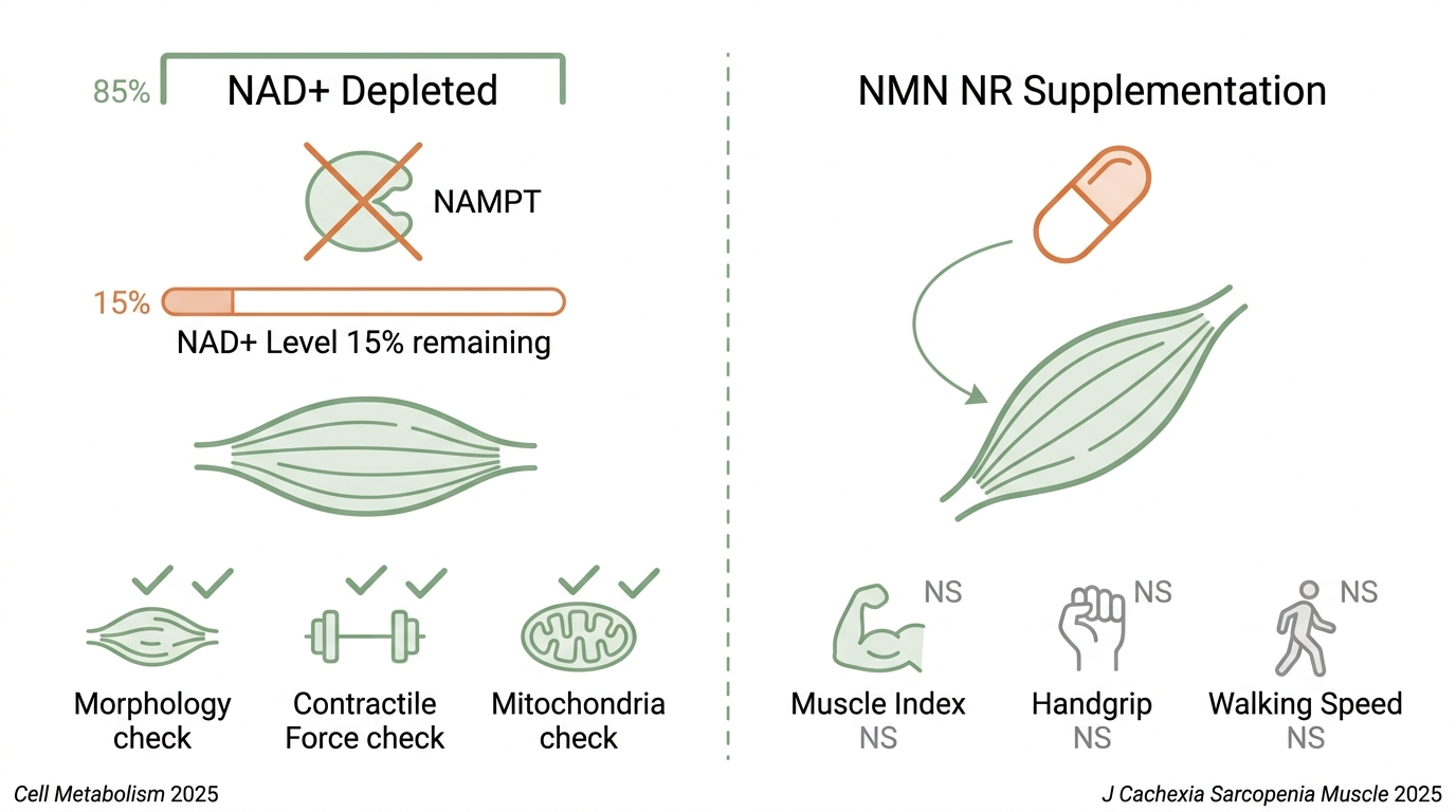 Figure 1: Even with 85% NAD+ depletion in skeletal muscle, morphology, contractile force, and mitochondrial function remain fully intact — alongside NMN/NR clinical trial outcomes showing no significant benefit (2025)