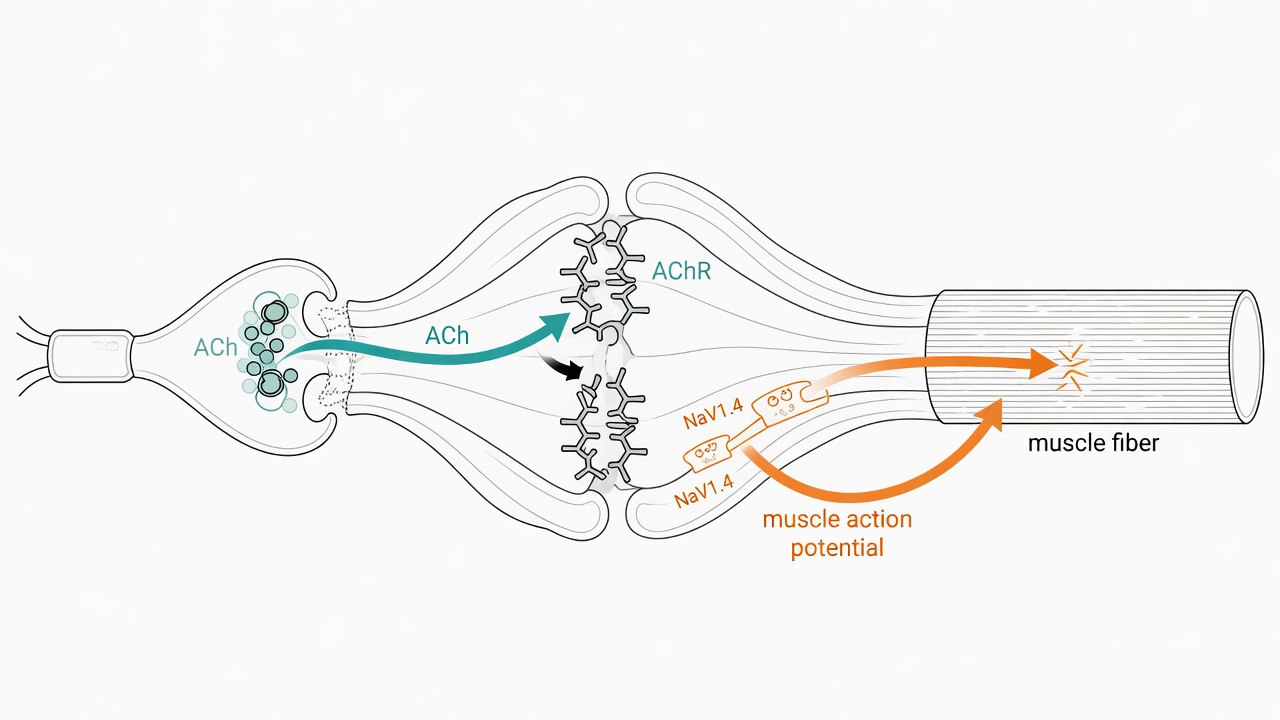 神經肌肉接頭:乙醯膽鹼受體在皺褶頂、NaV1.4 在谷底