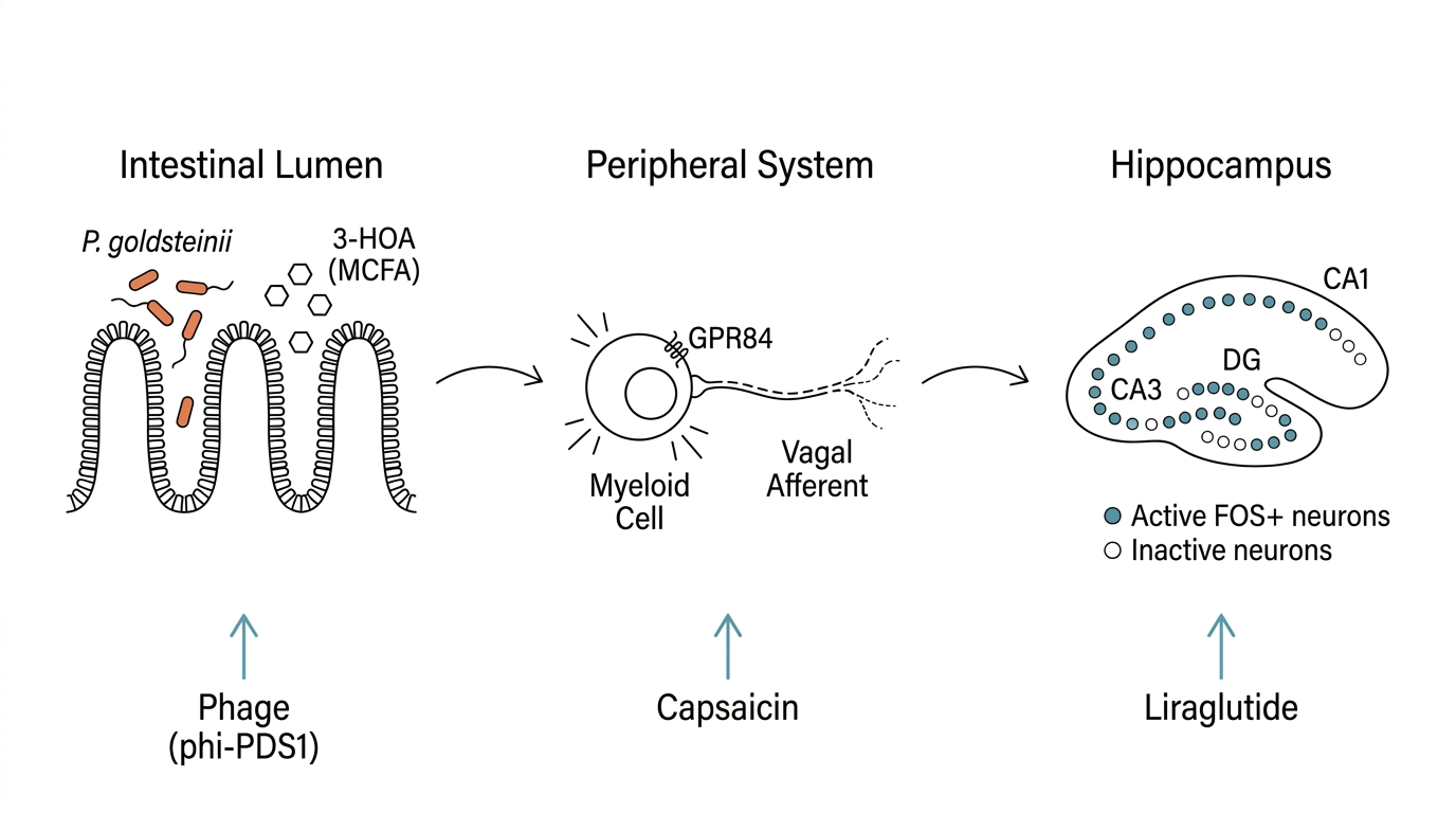 Gut-brain aging axis: P. goldsteinii → 3-HOA → GPR84 → vagal nerve → hippocampus, with three intervention strategies