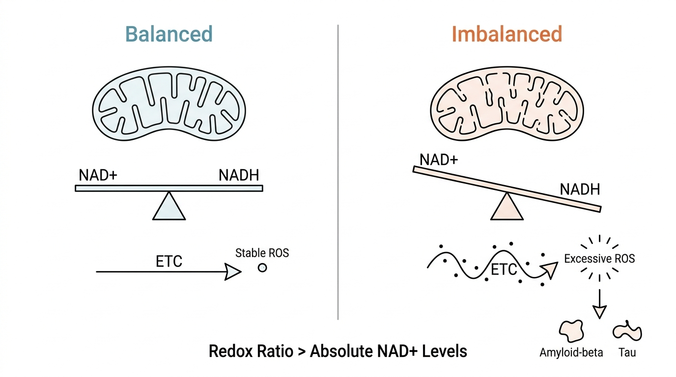 NAD+/NADH redox balance vs. imbalance: mitochondrial resilience depends on ratio, not absolute levels