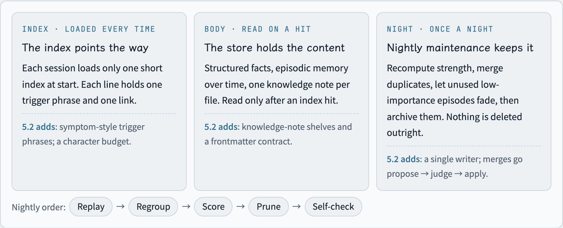 Three roles: the index points the way, the store holds the content, and nightly maintenance keeps it. Underneath, the nightly order is replay, regroup, score, prune, and self-check