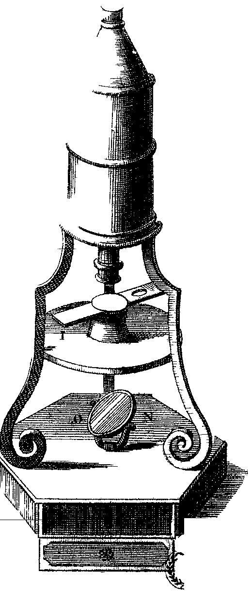 Engraving of a compound microscope: a tapering tube rises above a stage held by curved, scrolled legs on a drawer base.