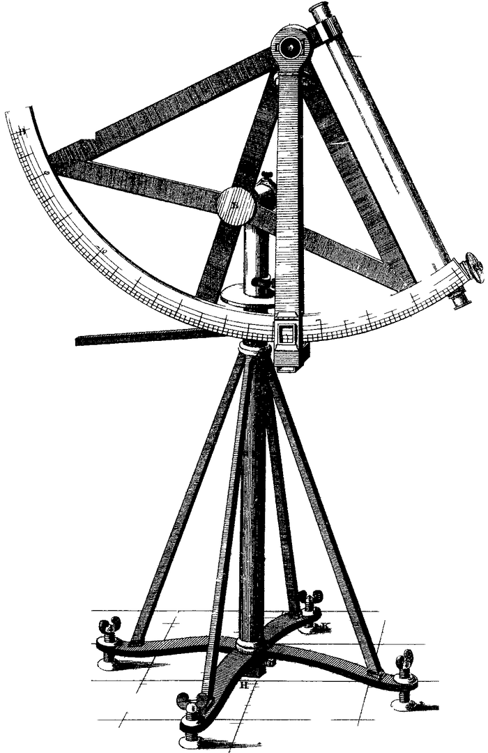 Engraving of a large quadrant with a telescope along one edge, mounted on a tripod stand.