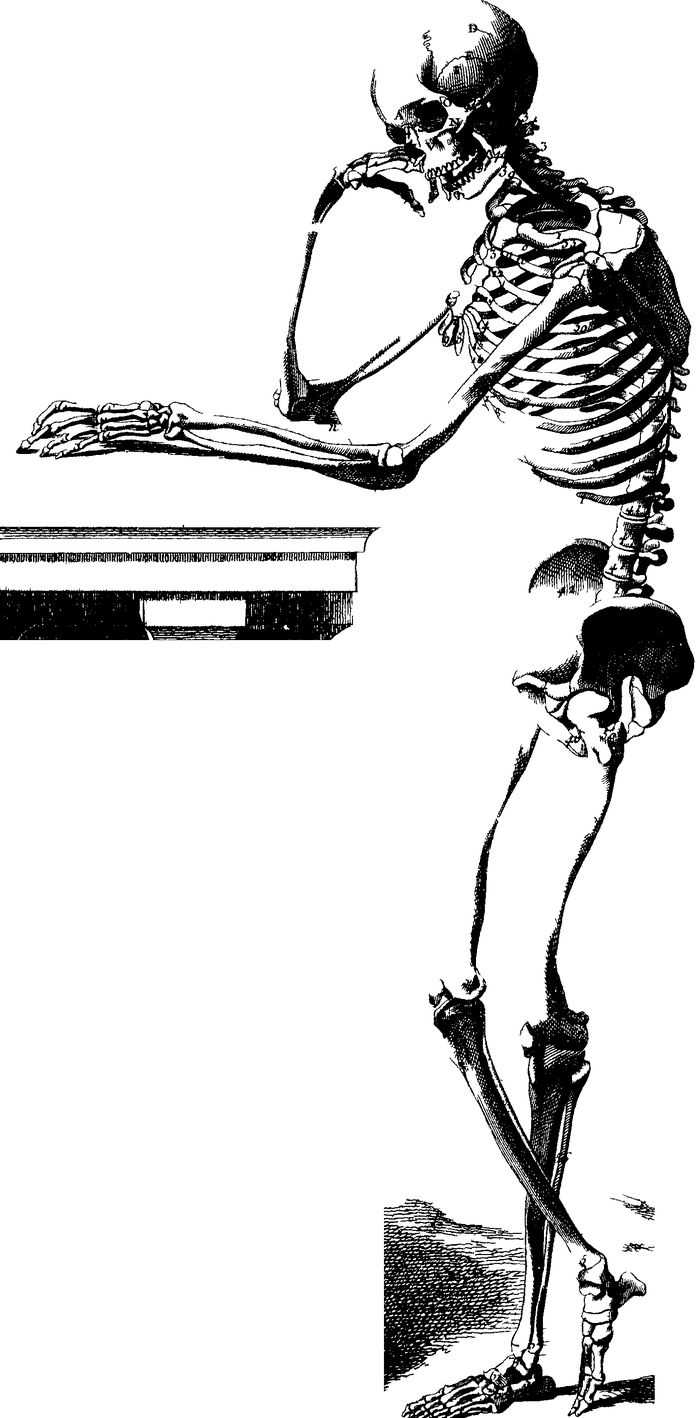 Engraving of a human skeleton standing in profile, one hand resting on a stone table and the other raised to its jaw.