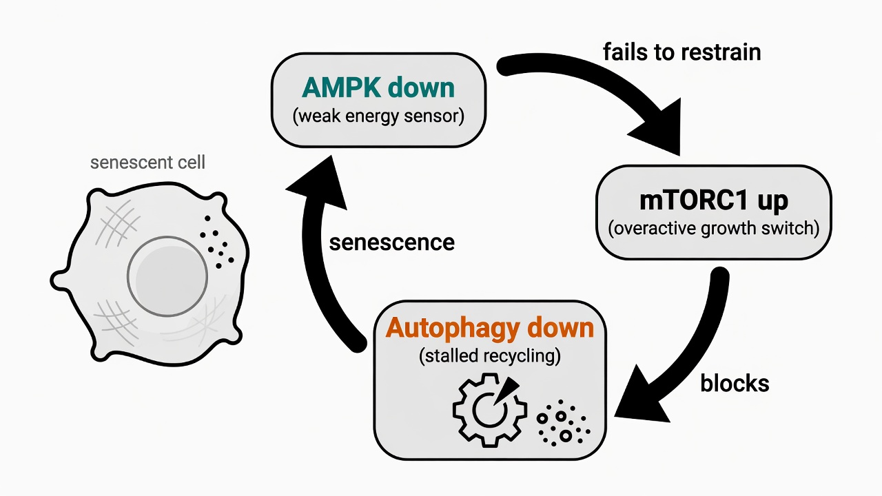 圖 1：老化的惡性循環：AMPK 變弱、mTORC1 過度活化、自噬停擺，細胞垃圾清不掉而進入衰老。