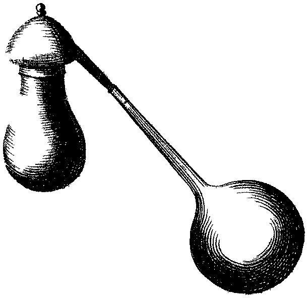 Engraving of a capped cucurbit joined by a long straight neck to a round receiver.