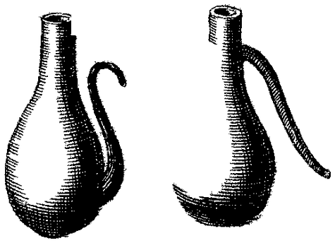 Engraving of two glass vessels with curved spouts.