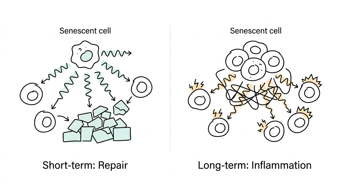 SASP double-edged sword: short-term repair vs. chronic inflammation