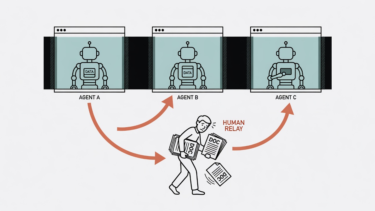 Three agents in separate terminals, human as the relay