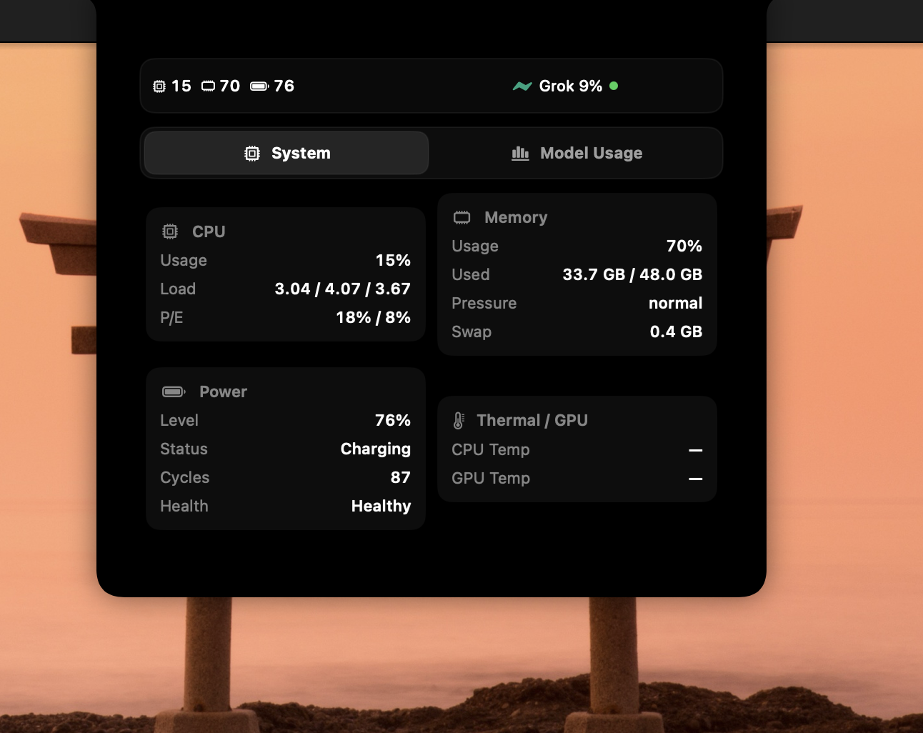 展開 System 分頁：溫度與 GPU 讀不到時留空，不假裝是 0%